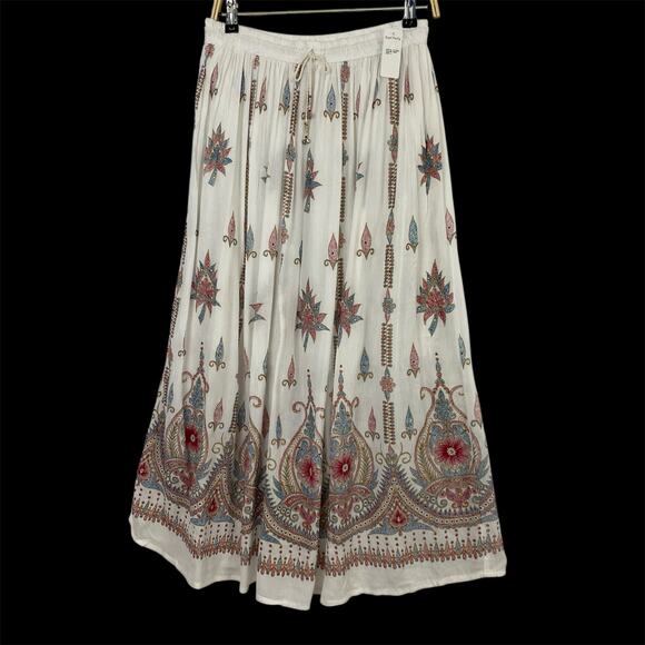 Royal Paisley Gypsy Embroidered Floral Maxi Skirt L White Boho Hippie Rhinestone - Picture 1 of 10